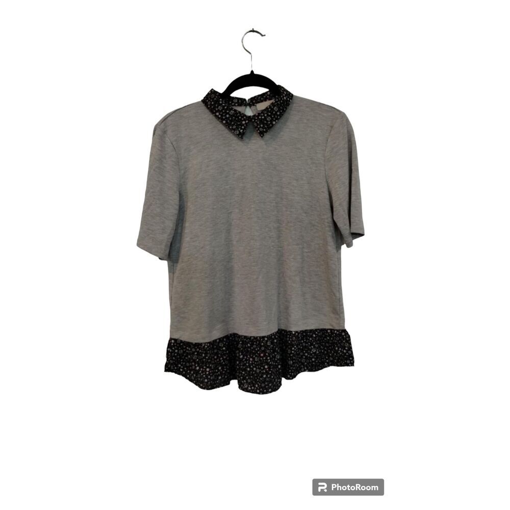 LOFT Gray Top with Black Floral Collar and Hem